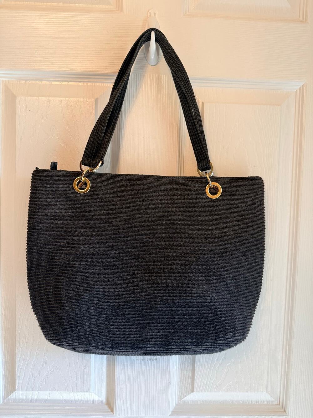 NWOT Talbots Black Paper Straw / Raffia Shoulder Tote Clasic gold-tone grommets